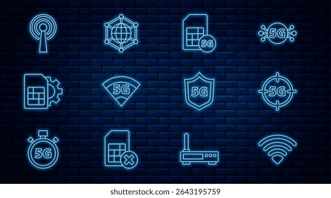 Definir rede sem fio Wi-Fi de linha, 5G, Cartão Sim, configuração de cartão, Antena, Escudo protetor e ícone Social. Vetor