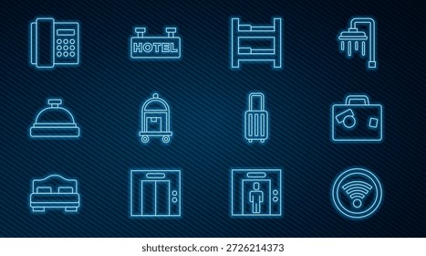Ajuste a linha Wi-Fi sem fio, Mala, Cama do quarto do hotel, sino de serviço, Telefone e Placa com ícone de texto. Vetor