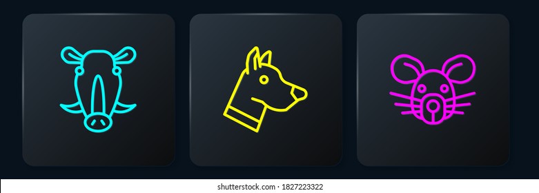 Set line Wild boar head, Rat and Dog. Black square button. Vector