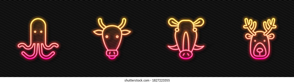 Stell die Linie Wildschweinkopf, Tintenfisch, Kuh und Hirsch mit Antlern. Leuchtendes Neonsymbol. Vektorgrafik