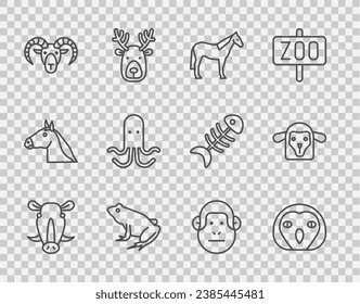 Set line Wild boar head, Owl bird, Horse, Frog, Head of goat ram, Octopus, Monkey and Sheep icon. Vector