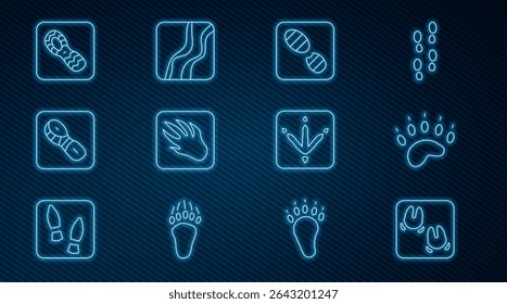 Set line Wild boar paw footprint, Bear, Human footprints shoes, Alligator crocodile, Chicken and Snake icon. Vector