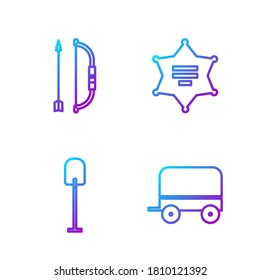 Línea Wild West cubierta de vagón, Shovel, Bow y flecha en el alguacil y el sheriff Hexagram. Iconos de color de degradado. Vector