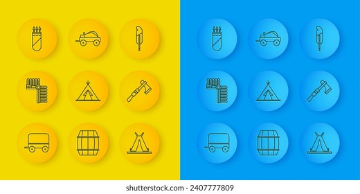 Set line Wild west covered wagon, Indian headdress with feathers, teepee or wigwam, Tomahawk axe, Quiver arrows, Feather pen and  icon. Vector