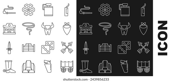 Set line Wild west covered wagon, Crossed arrows, Cowboy bandana, Canteen water bottle, Lasso, saloon, Smoking pipe and Buffalo skull icon. Vector