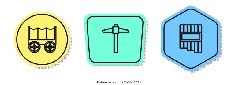 Set line Wild west covered wagon, Pickaxe and Pan flute. Colored shapes. Vector