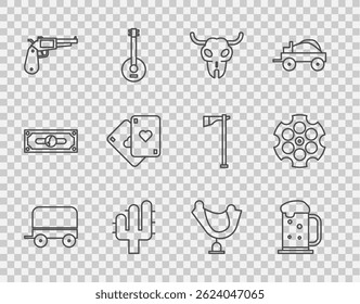 Carro cubierto del oeste salvaje, taza de madera de la cerveza, cráneo del búfalo, cactus, pistola del revólver, jugando a las cartas, silla de montar e icono del cilindro. Vector