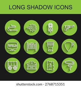 Set line Wild west covered wagon, saloon, Smoking pipe, Wanted western poster, Lasso, Saloon door, Cowboy bandana and Drum icon. Vector