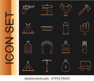 Set line Wild west covered wagon, Quiver with arrows, Cactus, saddle, Kayak or canoe and paddle, Indian teepee wigwam, Revolver gun and Bullet icon. Vector
