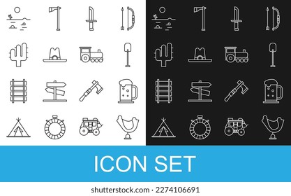 Set line Wild west saddle, Wooden beer mug, Shovel, Military knife, Western cowboy hat, Cactus, Desert landscape with cactus and Retro train icon. Vector