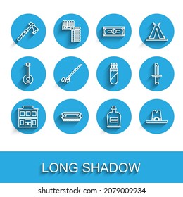 Set line Wild west saloon, Harmonica, Tomahawk axe, Alcohol drink Rum bottle, Western cowboy hat, Native American indian smoking pipe, Military knife and Quiver with arrows icon. Vector