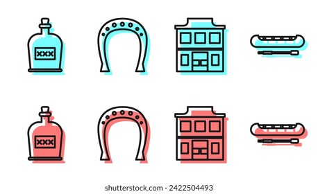 Set line Wild west saloon, Alcohol drink Rum bottle, Horseshoe and Kayak or canoe and paddle icon. Vector