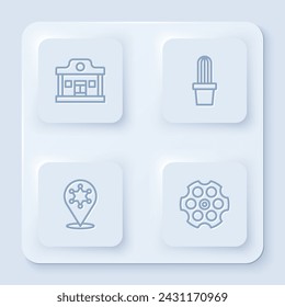 Set line Wild west saloon, Cactus peyote in pot, Hexagram sheriff and Revolver cylinder. White square button. Vector