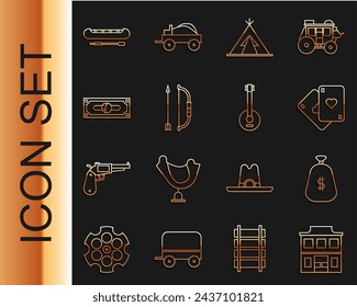 Salon salvaje del oeste, bolsa de dinero, cartas de juego, tipi o wigwam indio, aljaba de arco y flecha, pilas de dinero en efectivo de papel, Kayak paddle canoa y Banjo icono. Vector