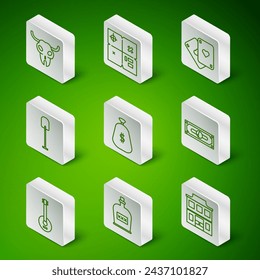 Set line Wild west saloon, Alcohol drink Rum bottle, Buffalo skull, Money bag, Shovel, Treasure map, Banjo and Stacks paper money cash icon. Vector