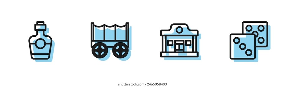 Salon salvaje oeste, botella de tequila, carro cubierto e icono de dados de juego. Vector