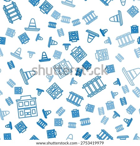 Set line Wild west saloon, Railway, railroad track and Mexican sombrero hat on seamless pattern. Vector