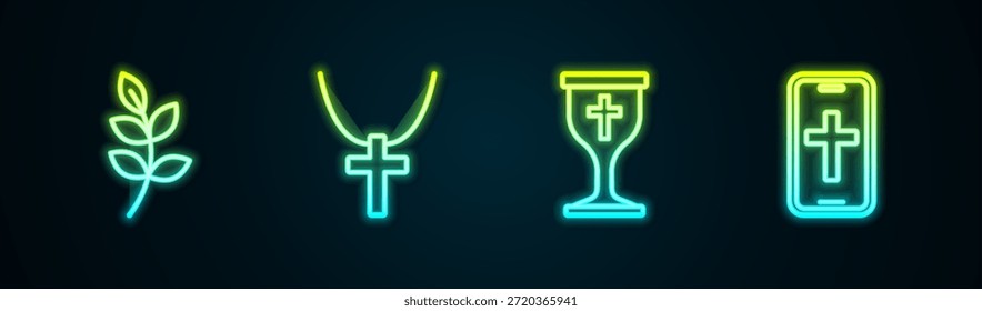 Fije la línea Hoja de sauce, cruz cristiana en cadena, cáliz y teléfono. Icono de neón brillante. Vector