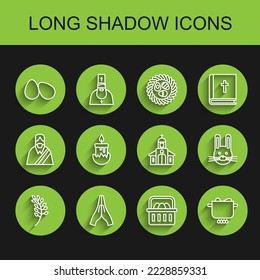 Set line Willow leaf, Hands in praying position, Easter eggs, Basket with easter, Egg hot pot, Burning candle, rabbit and Church building icon. Vector