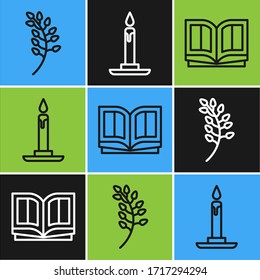 Set line Willow leaf, Holy bible book and Burning candle in candlestick icon. Vector