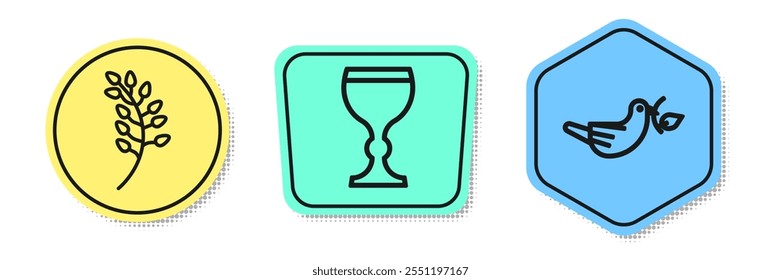 Set line Willow leaf, Wine glass and Peace dove with olive branch. Colored shapes. Vector