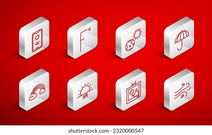 Set line Wind, Fahrenheit, Earth globe and sun, Umbrella, Weather forecast, Sunrise and Rainbow with clouds icon. Vector