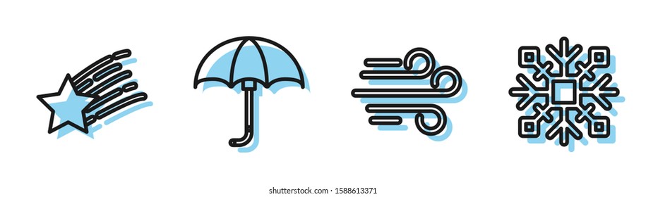 Set line Wind, Falling star, Classic elegant opened umbrella and Snowflake icon. Vector