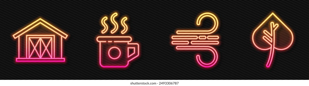 Set line Wind, Farm house, Cup of tea and Leaf or leaves. Glowing neon icon. Vector