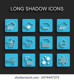 Set line Wind, Fog and cloud with sun, Cloud rain, Snow, Snowflake, snow, Water drop and  icon. Vector