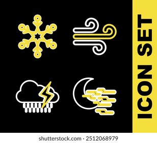 Set line Wind, Fog and moon, Cloud with rain lightning and Snowflake icon. Vector