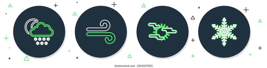 Set line Wind, Fog and sun, Cloud with snow moon and Snowflake icon. Vector
