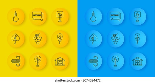 Set line Wind, Leaf or leaves, Grape fruit, Farm house, Onion, Tree and Speech bubble with text autumn icon. Vector