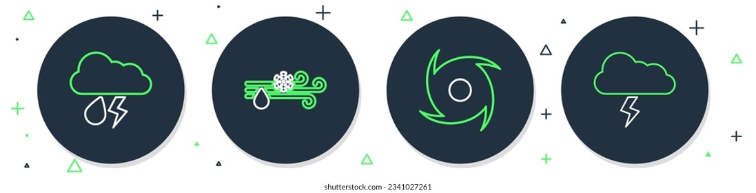 Fijar la línea Viento y lluvia con nieve, Tornado, Rayo en la nube e icono Tormenta. Vector