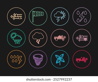 Set line Wind and rain, with snow, Storm, Cloud sun,  and Cone meteorology windsock wind vane icon. Vector