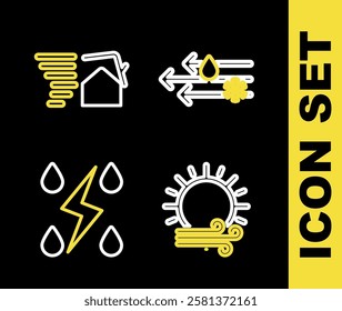 Set line Wind and rain with snow, sun, Storm and Tornado swirl icon. Vector