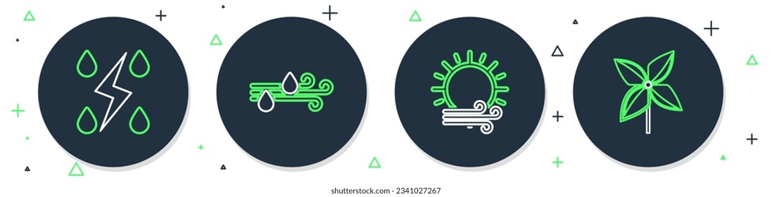 Set line Wind and rain, sun, Storm and Pinwheel icon. Vector