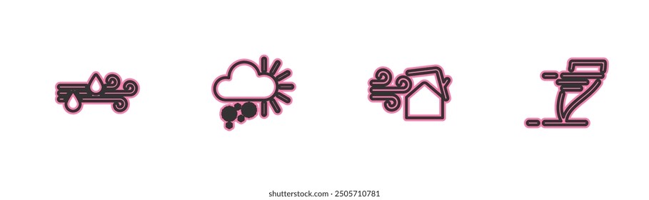 Set line Wind and rain, Tornado swirl, Cloudy with snow and  icon. Vector