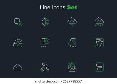 Set line Wind, Rainbow with cloud, Satellite, Cloud, Tornado, Weather forecast app, Thermometer and Sunset icon. Vector