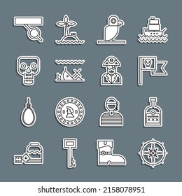 Set line Wind rose, Alcohol drink Rum bottle, Pirate flag with skull, parrot, Sunken ship, Skull, eye patch and captain icon. Vector