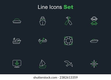 Set line Wind rose, Bird seagull, Yacht sailboat, Anchor, Speedboat, Lifebuoy, Kayak and paddle and Cargo ship icon. Vector