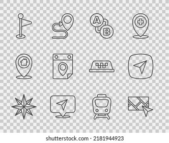 Set Line Wind Rose, City Map Navigation, Route Location, Infographic Of City, Location Marker, Travel Planning Calendar, Train And  Icon. Vector