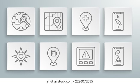 Set line Wind rose, City map navigation, Alcohol or beer bar location, Gps device error, Medical with cross, Compass mobile and Magnifying glass globe icon. Vector
