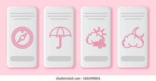 Set line Wind rose, Classic elegant opened umbrella, Windy weather and Cloud with moon and stars. White rectangle button. Vector