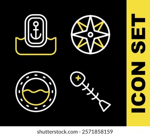 Set line Wind rose, Dead fish, Ship porthole and Location with anchor icon. Vector