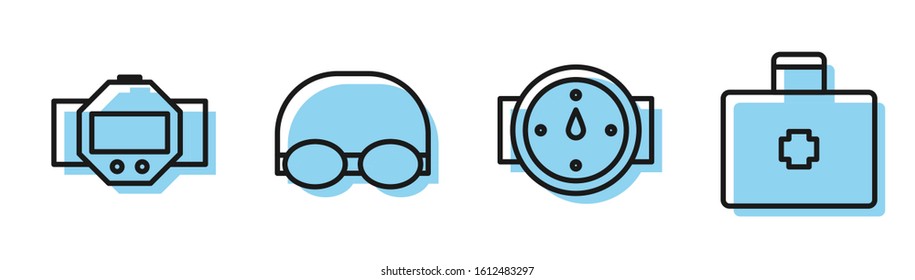 Set line Wind rose, Diving watch, Glasses and cap for swimming and First aid kit icon. Vector