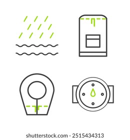 Set line Wind rose, Diving hood, Backpack and Rain and waves icon. Vector