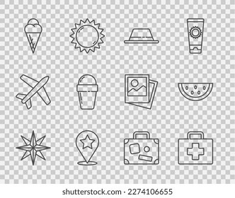 Set line Wind rose, First aid kit, Man hat with ribbon, Map pointer star, Ice cream waffle cone, Suitcase and Watermelon icon. Vector