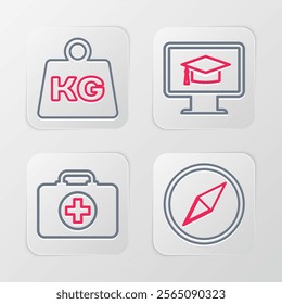 Set line Wind rose, First aid kit, Monitor with graduation cap and Weight icon. Vector