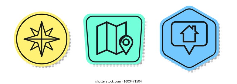 Set line Wind rose, Folded map with location marker and Map pointer with house. Colored shapes. Vector