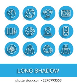 Set line Wind rose, Folded map with location marker, Map human, Location the globe, City navigation and  icon. Vector